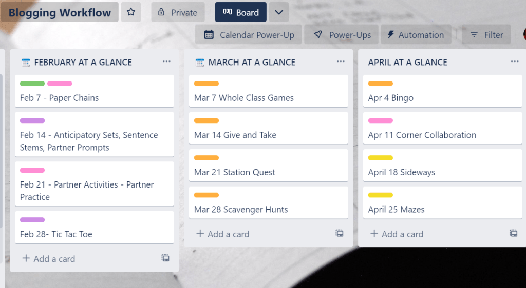 example of trello board used to map out blog posts