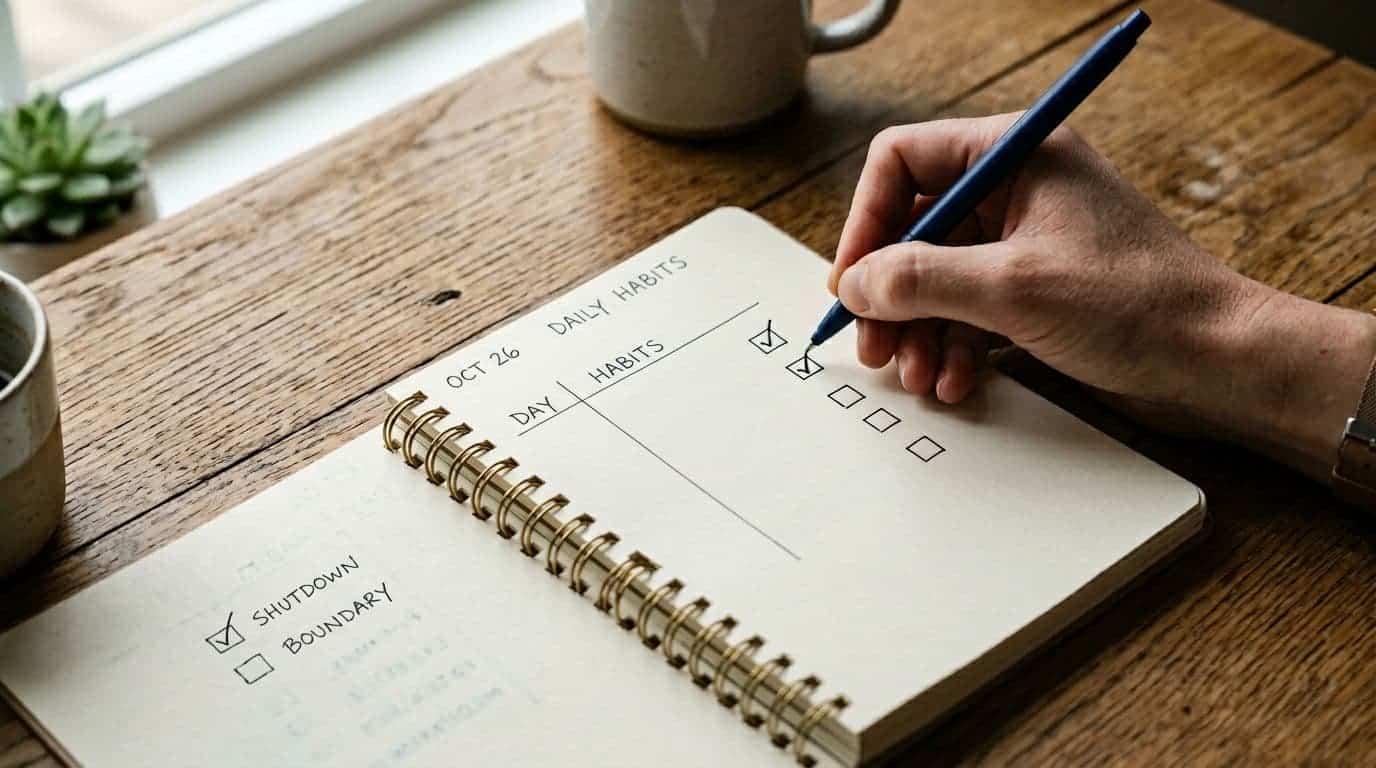 A simple paper planner rests on a wooden table as a hand uses a pen to check off daily habit boxes like shutdown and boundary, illuminated by soft side daylight in a clean, focused composition.