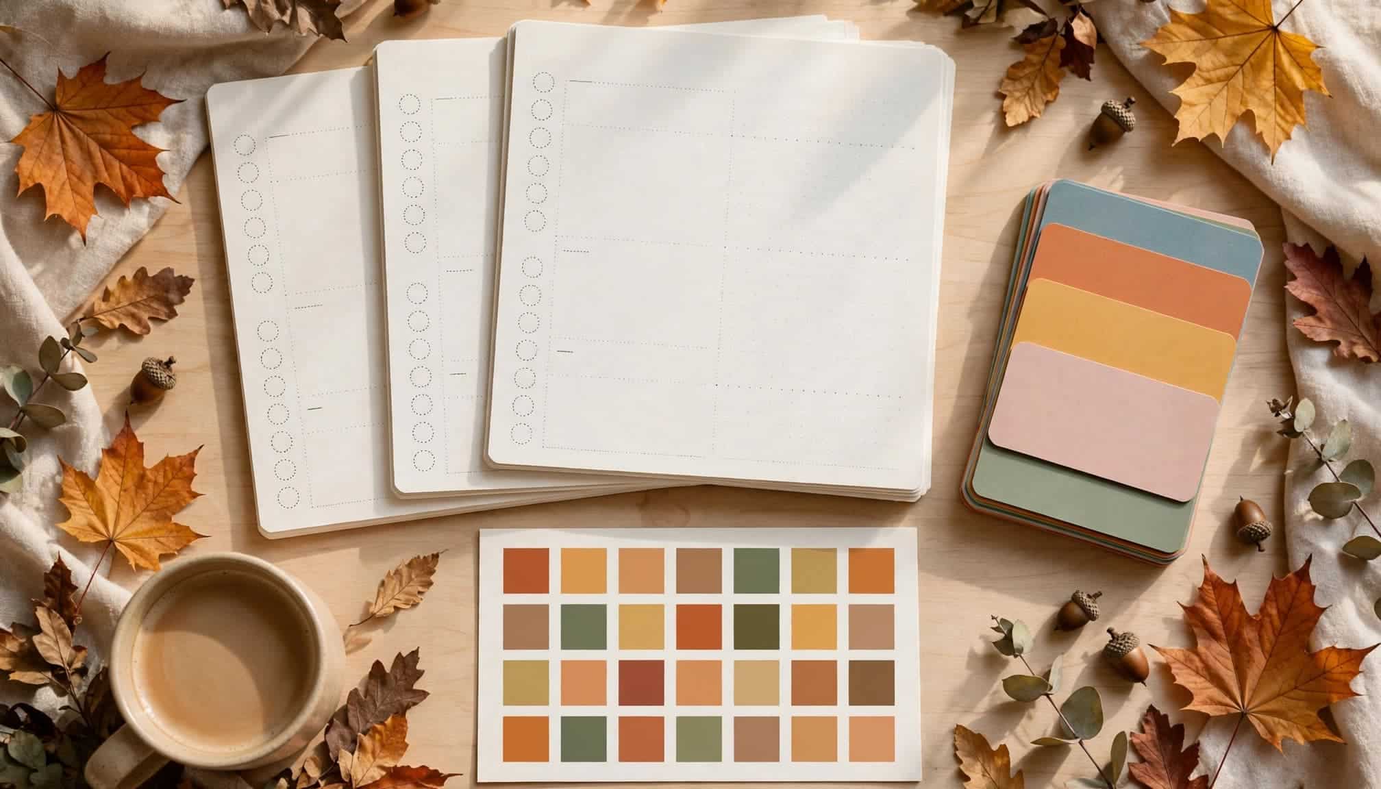 Planner pages, colorful product cards, and a blank-square calendar on an autumn tabletop.